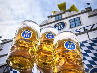 Anstossen vor Hofbräu Festzelt mit Oktoberfestbier in Masskrügen