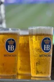 Hofbräu Biergläser mit Kinoleinwand im Hintergrund
