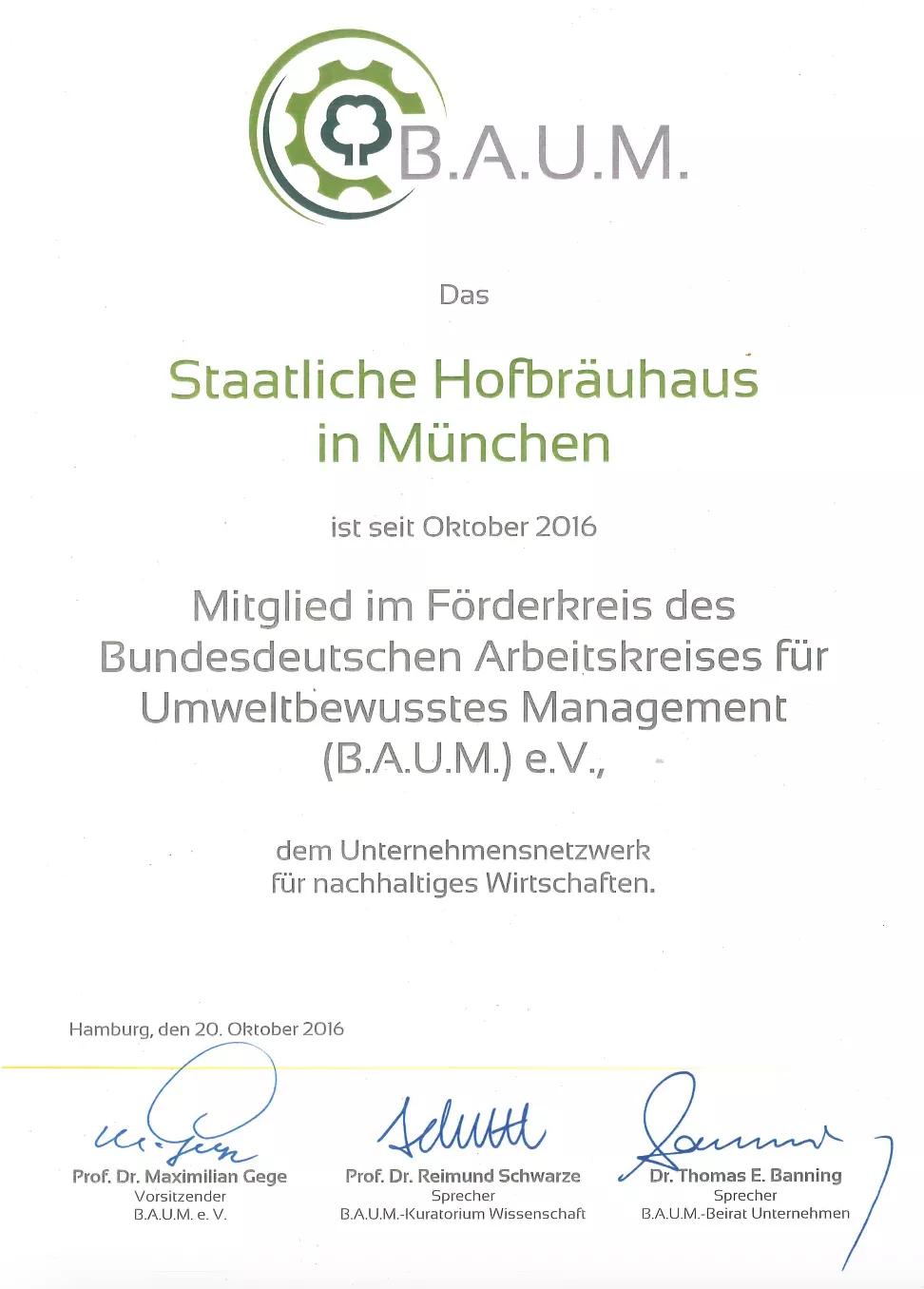 BAUM EV Auszeichnung Umweltbewusstsein Urkunde Umweltschutz
